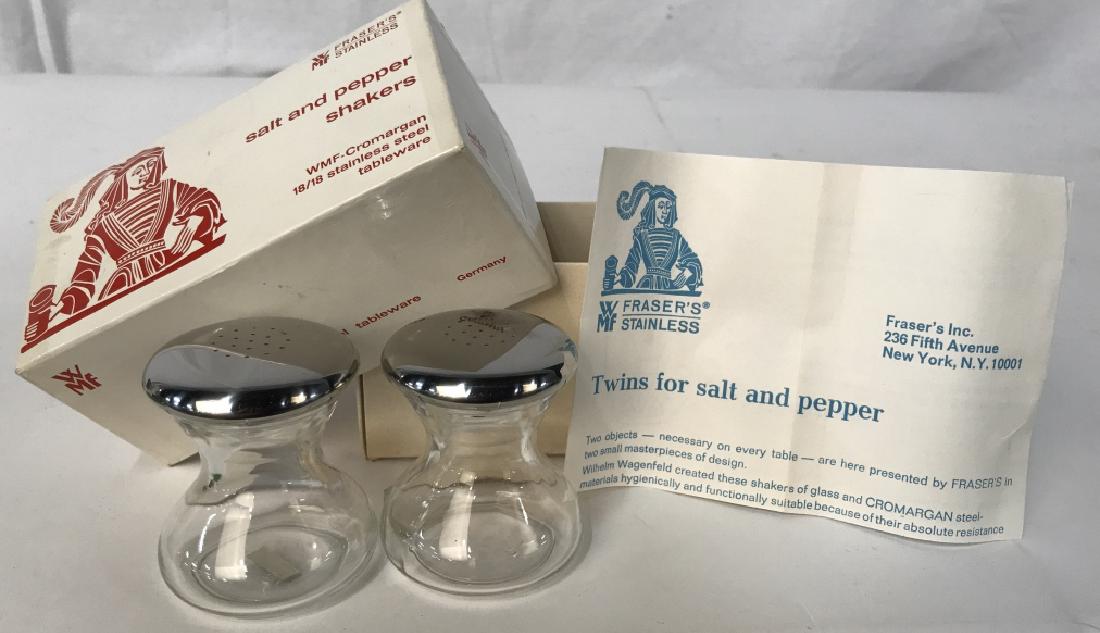 Vintage Stainless Twin Shakers For Salt & Pepper: Vintage Stainless Twins For Salt & Pepper, in original box with advertising and guarantees, marked Crystal Germany on undersides, 2 1/2 in x 3in diameter of base, Tableware, Kitchenware, cookware, Kit