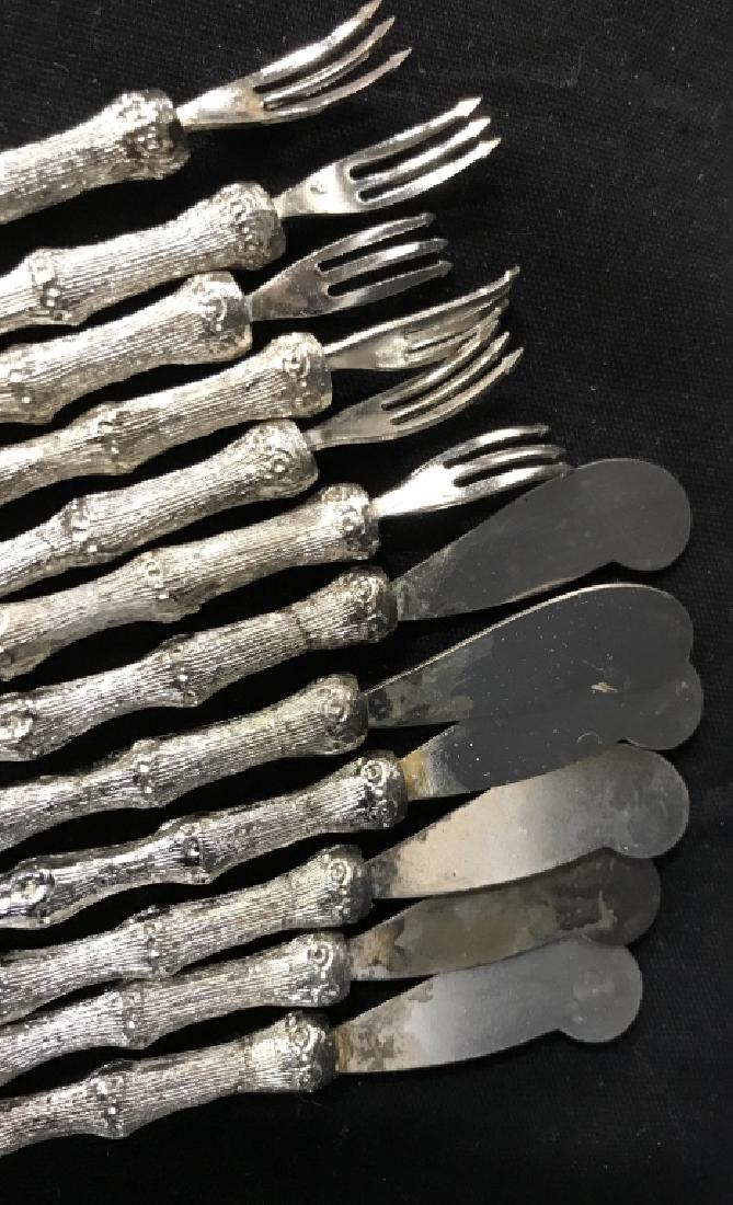 Set of 6 Silver Tnd Bamboo hors d'oeuvres Utensils: Utensils Set of 6 Silver Toned hors d'oeuvres Utensils, each boxed, includes 6 knives and 6 forks, in original boxes, good condition, 5 1/4 in each, Entertaining Ware, Kitchenware, Decorative Tablewar