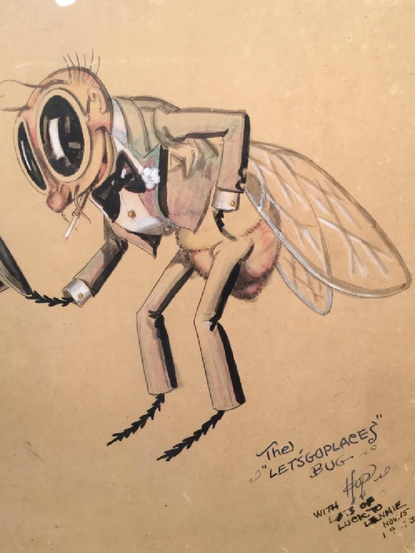 Signed Antique 1913 Watercolor of Bug Cartoon: Antique 1913 watercolor and ink cartoon illustration of dapper bug in suit w top hat and cigarette. Handwritten in lower right corner reads ‘The Let’s Go Places Bug’. Signed illegibly, possibly 