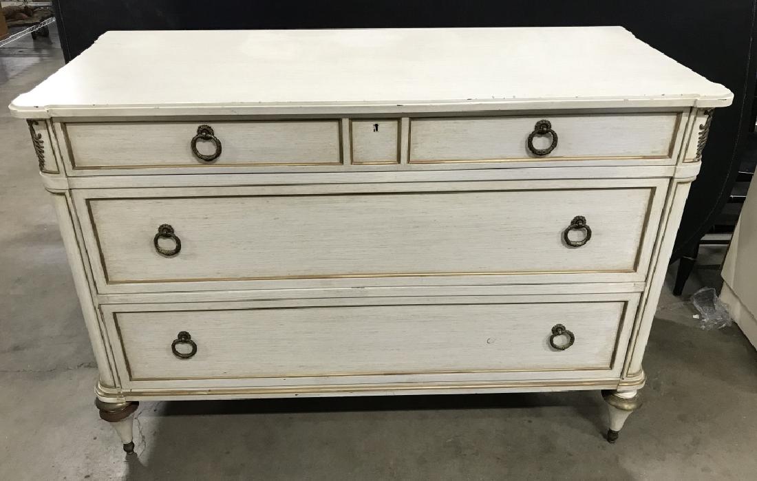 Country French Style Chest Of Drawers: Vintage Country French Style Chest Of Drawers With Ormolu Mounts And gilt trim, three long drawers with brass toned drawer pulls w wreath motif, some chips to edges and minor surface scratches, measur