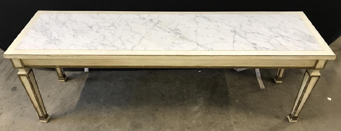 Country French Marble Seat Wooden Bench: Piece appears to be country French. Piece has white toned marble seat. Piece is cream toned with gold toned accents. Measures approx 54 inches long 19 inches tall 15 inches wide. Bench, seating, home 