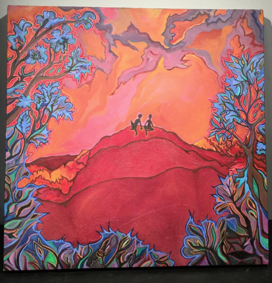 Vibrant Original Acrylic Painting, ‘Felix’s End’: Vibrant original acrylic, possibly oil, painting on canvas depicting two figures in a colorful and bold landscape. Verso has title ‘Felix’s End (Unfinished)’ written in paint. No signature noted