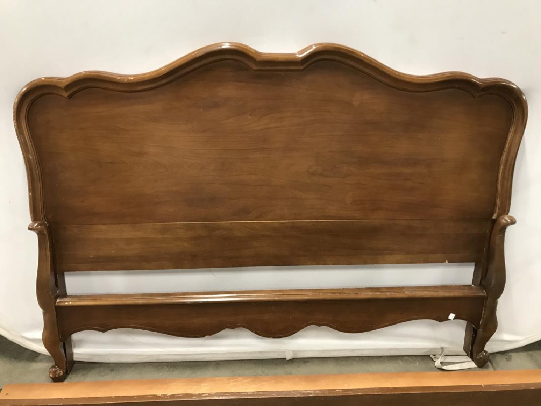 Set 4 Vintage French Walnut Wooden Bed Frame: Set 4 Vintage French Walnut Wooden Bed Frame With Carved Design, Possibly Queen, some surface scratches, nick and crack to lower part of headboard, measures approx 41.5 inches tall x 57 inches wide. V
