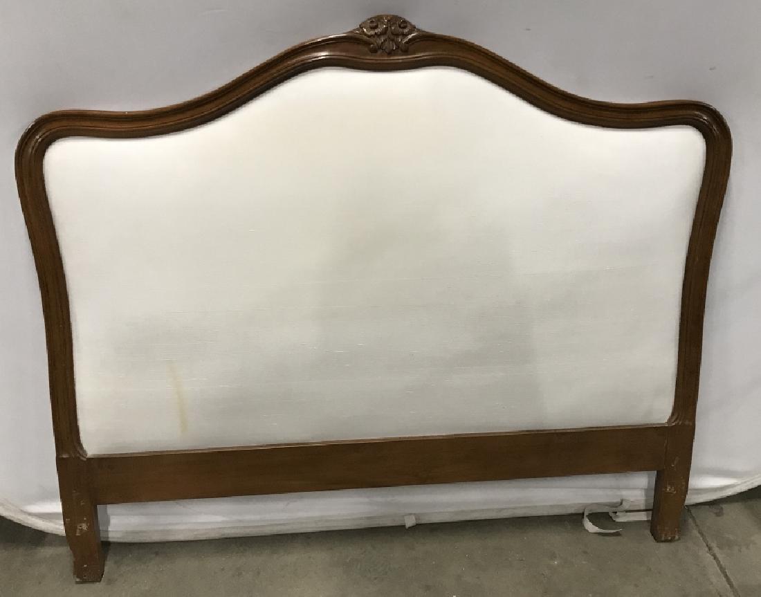 Carved Wooden & Upholstered Headboard: Vintage Carved Wooden & Upholstered Headboard With Floral Motif And White Imitation Silk/Vinyl Upholstered inset, Possibly Full/Queen, measures approx 45 inches tall x 55 inches wide, some surface nic