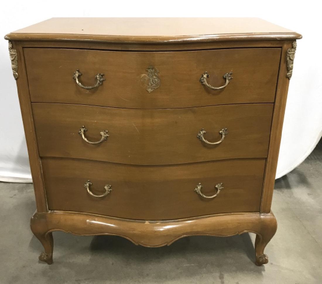 Georgian Style Chest Of Drawers W Ormolu Mounts: Vintage Georgian Style Chest Of Drawers W Ormolu Mounts, Drawer pulls, and Scrolled Feet, ormolu Center Mount is damaged and some surface scratches and nicks, measures approximately 36 inches wide x 2