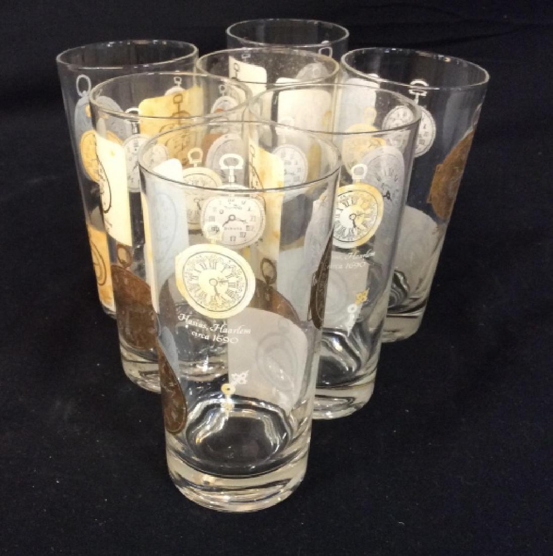 Set of 7 Vintage Clock Theme High Ball Glasses: Set of 7 Vintage Clock Themed High Ball Glasses, 6 in x 3 in, each depicts Clocks from around the world, good condition, gold with white, Clocks, Bar Ware, clock motif Decorative Kitchenware, Glasswar
