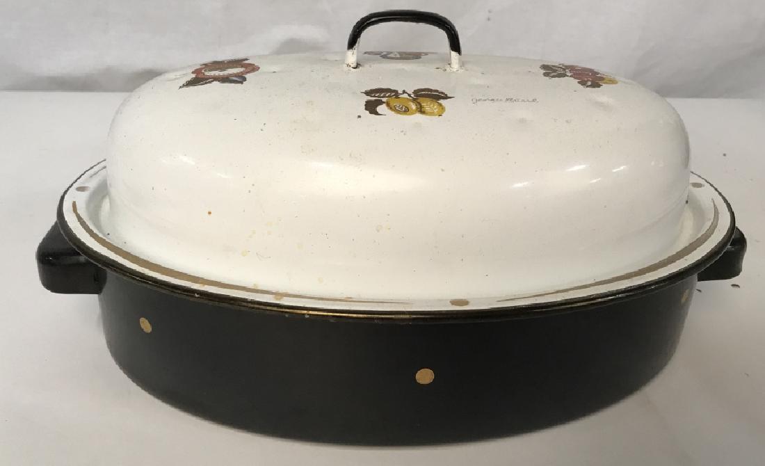 Vintage Covered Roasting Pan: Vintage Covered Roasting Pan, 6 in x 14 in, top White with flowers and signed George Briard, possibly French, Vintage condition, Vintage kitchenware, Cookware, Vintage, Roasting Pans, Vintage cooking