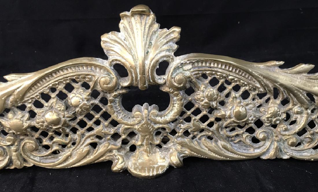 Ornate Brass Victorian Fireplace Fender: Ornate Brass Victorian Fireplace Fender, 6 in. 8 in x 46 in, some old polish substance visible, possibly antique, designed with ornate pierced floral work, shells at center and each end, Fireplace Ute