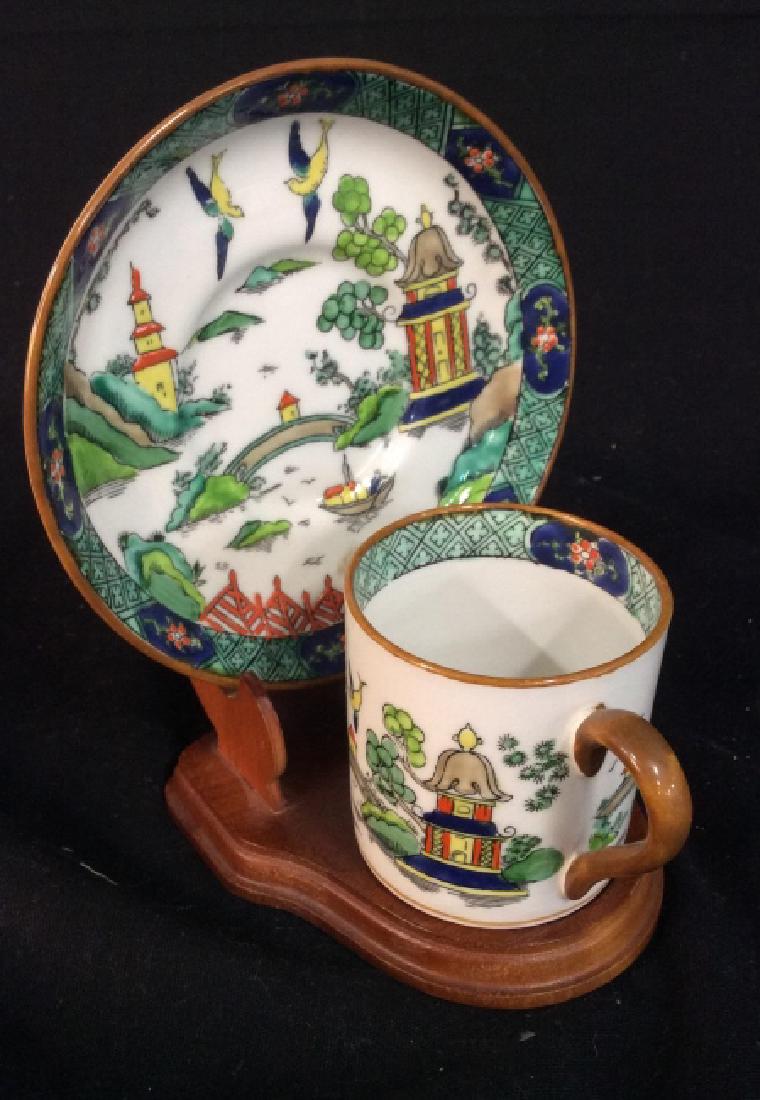 Staffordshire Porcelain Asian Cup Saucer Stand: Asian Design, porcelain cup and saucer, marked underside for Staffordshire, Saucer ht app 3 inches, tableware, tea service.
