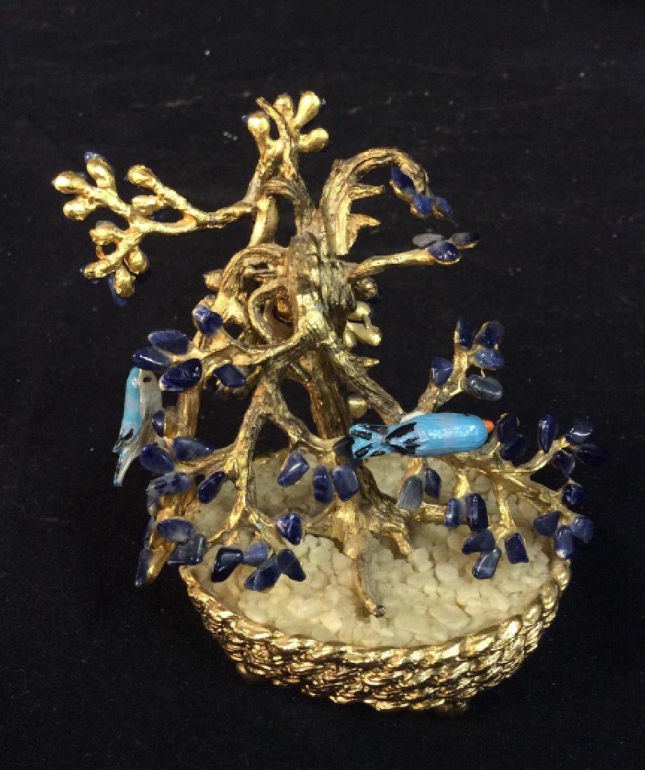 Brass Enamel Bonsai Tree w Birds: Asian Arts and crafts, orientalism, orientalia, decorative arts, Tableware, bonsai tree with blue stone like leaves, and turquoise toned birds, measures app ht 4 inches, width app 4 inches