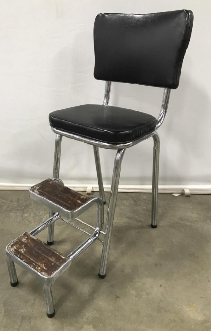 Vintage Metal Chrome Stool With Folding Steps: Vintage Metal Chrome Stool With Black Toned Vinyl Seat/back and Folding Steps, measures Approx 36 inches tall x 16 inches wide x 28 inches deep, some rusting to steps. Vintage Kitchen Stool, Vintage F