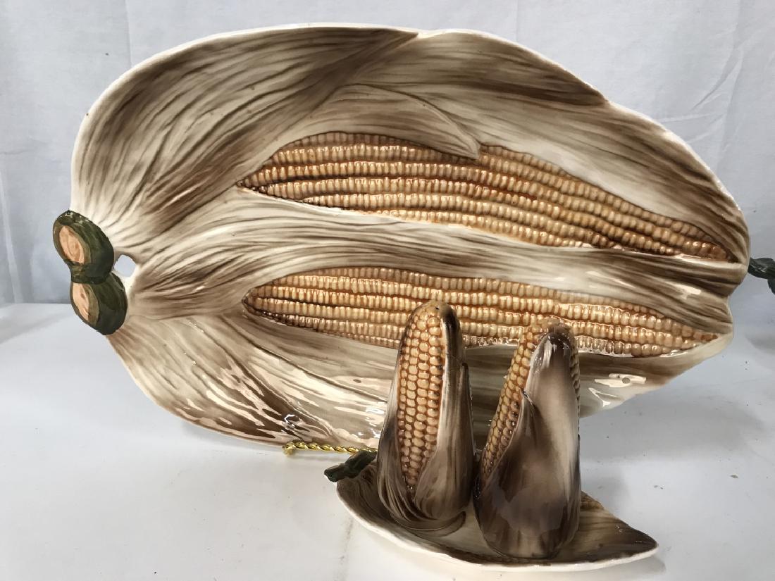 Decorative Ceramic Corn Themed Platter: Decorative Ceramic Corn Themed Platter, 11 x 17 in includes a salt and pepper on plate shaped as corn cobbs, underside reads embassy Quality Products, made in Japan, good condition, Corn, Ceramic Dinn