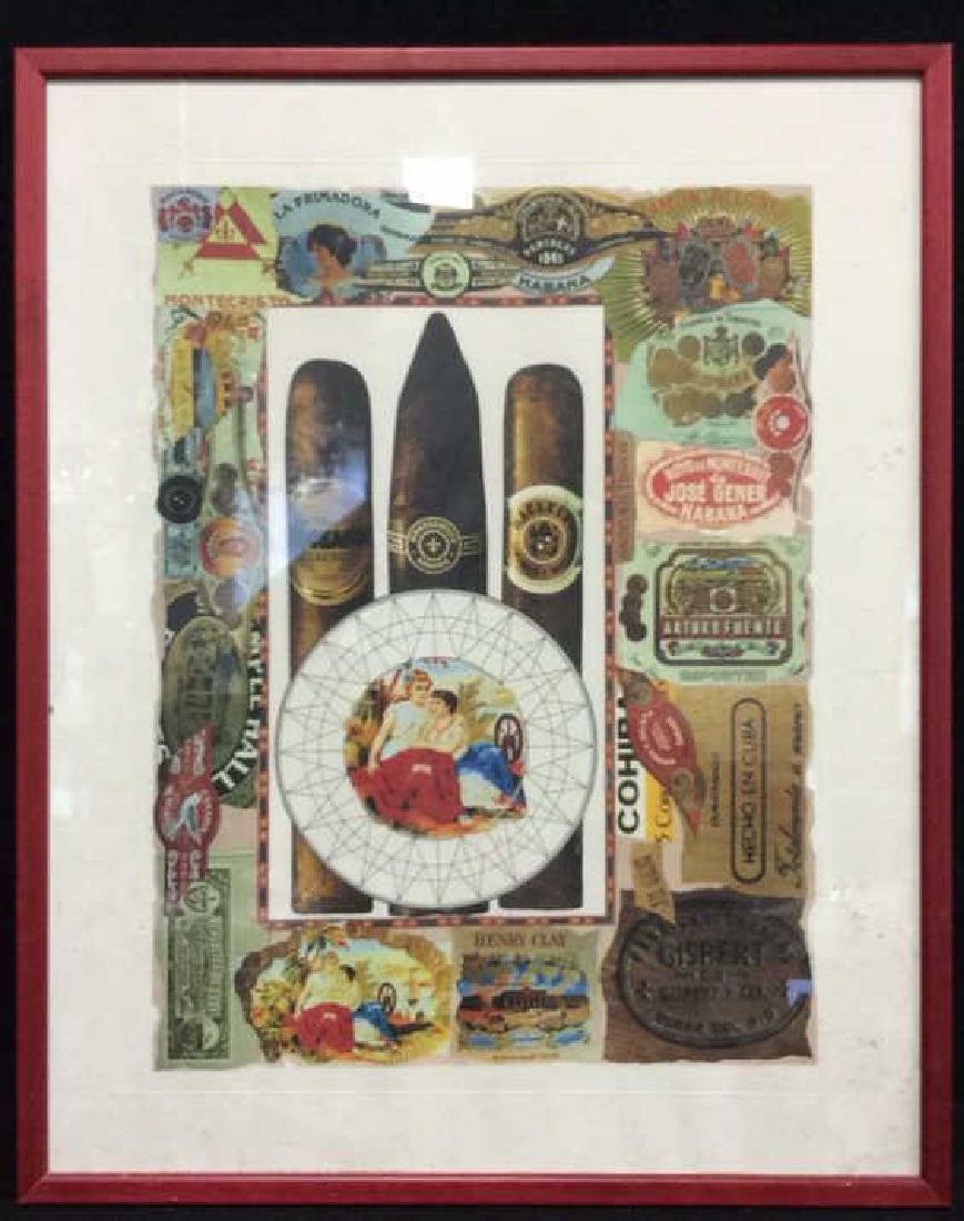Print Of Cigar Theme Collage, Framed: Collage depicts various cigar brands. Center depicts 2 figures inside a circular shape. Piece is professionally framed with red toned wooden frame. Measures approx 20 inches tall 16 inches wide. Colla