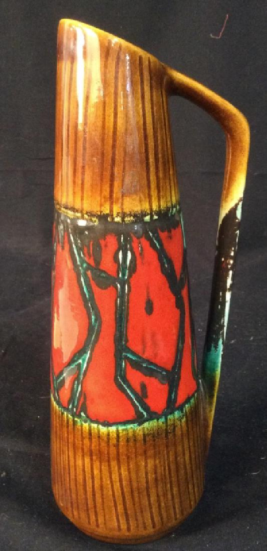 Mid Century German Glazed Pitcher: Vase, vessel, table ware, mid Century pottery, ceramic, Marked foreign 275, 28, measures app ht 12 inches, width to handle 5 inches
