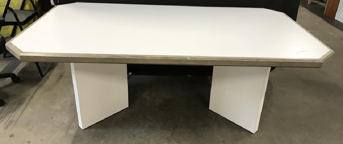 Custom Made White Tone Wood Dining Table: Custom made in New YOrk City, White tone wood Heavy weight dining table. Table is white in tone with ash blonde tone wood trim. Table is heavy in weight. Some minor surface wear. Approximately 29.5 in