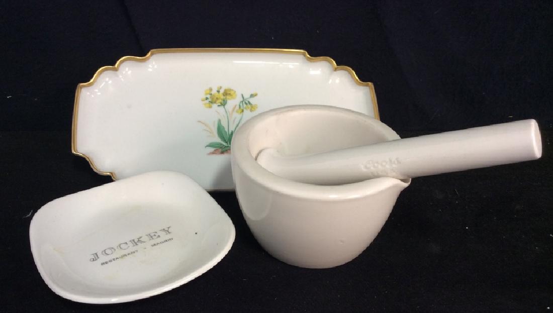 Lot 4 Mortar & Pestle and Dishes: Lot 4 Mortar&Pestle and Dishes. Three small dishes, one marked WIEN, one marked AYNSLEY Trinket dishes, tableware Serving Dishes, And a COORS Mortar and pestle Set. Largest piece measures approx 10 in