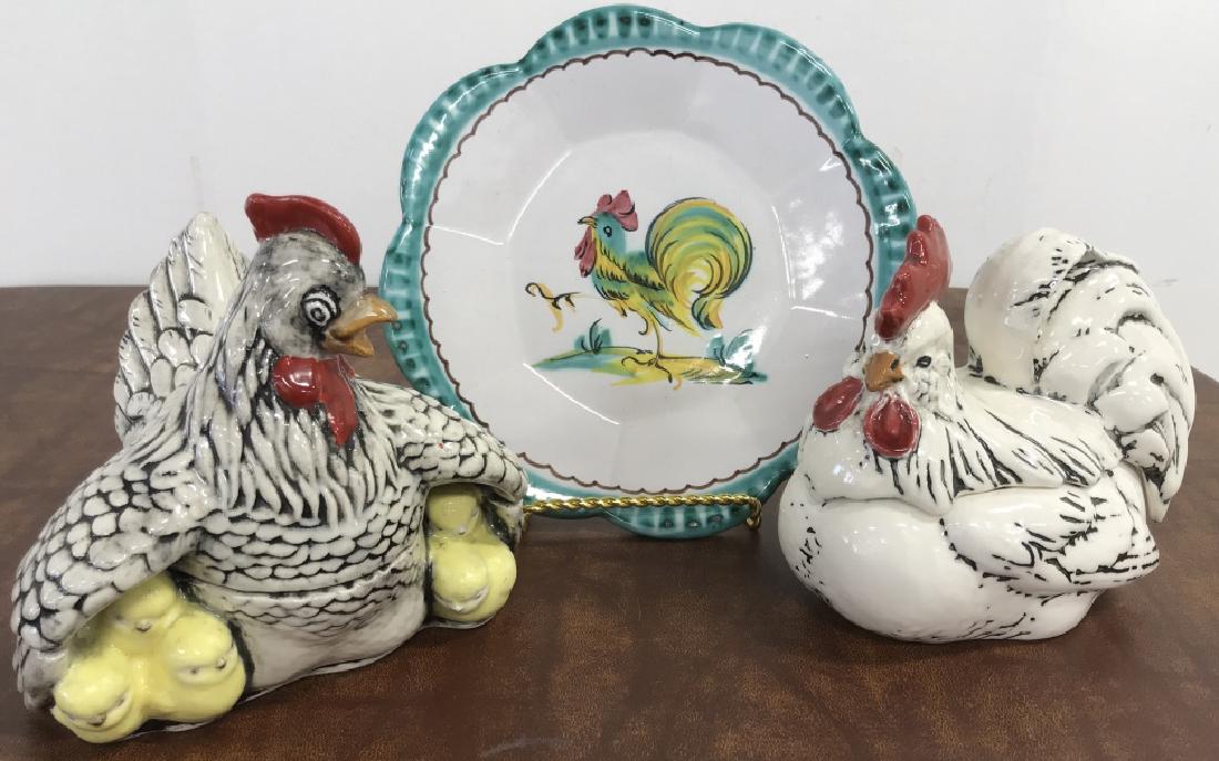 Chicken Covered Ceramic Vessels: Collection of Rooster FOrm Pottery, Chicken Pottery, Tableware, table top collectibles, Chicken Covered Ceramic Vessels with a chicken plate, plate marked Italy And 1 chicken vessel marked by Louise 1