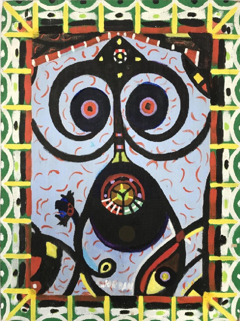 Signed GAYS & SOURS EDWARD JORDAN JR: Signed original artwork by Edward E. Jordan Jr. Artwork is acrylic on Board and depicts an abstracted tribal style portrait. Signed in paint twice towards bottom of image. Signature and title ‘Gays