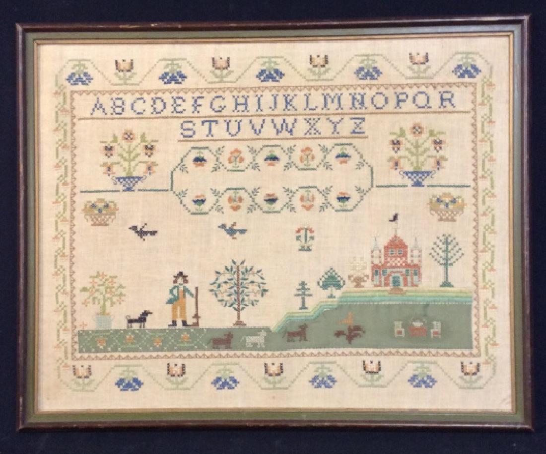 Antique Hand Stitched Framed Sampler, 1800’s: Hand stitched artwork on Linen scene of children, dogs, trees and flowers, and alphabet, antique Sampler, Artwork, Textile Artwork, Collectible, Stitchery, embroidery, crewel work,on back reads 19th C