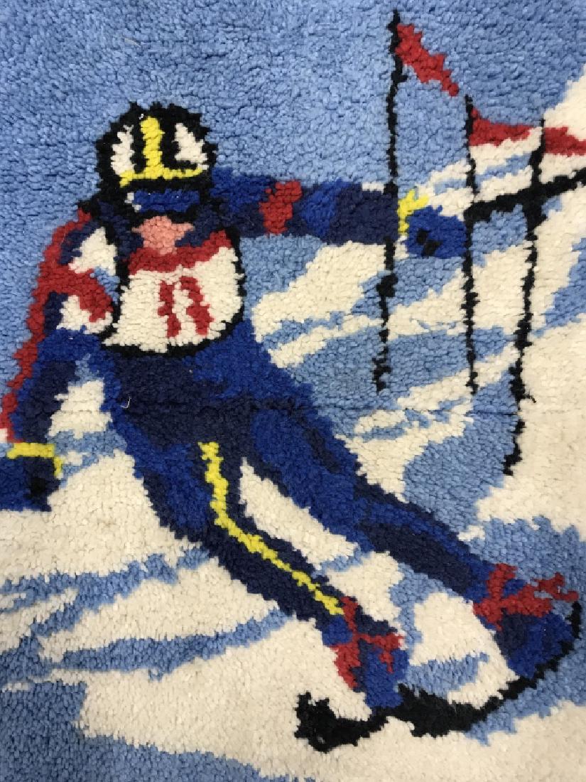 Wool Rug W Image Of Racing Skier: Wool Rug W Image Of Skier. Rug measures approx 35 inches long 24 inches wide. Skier rug, wool rug, wool carpet, area rug, area carpet. Ski racer, Slalom Skier Carpet,