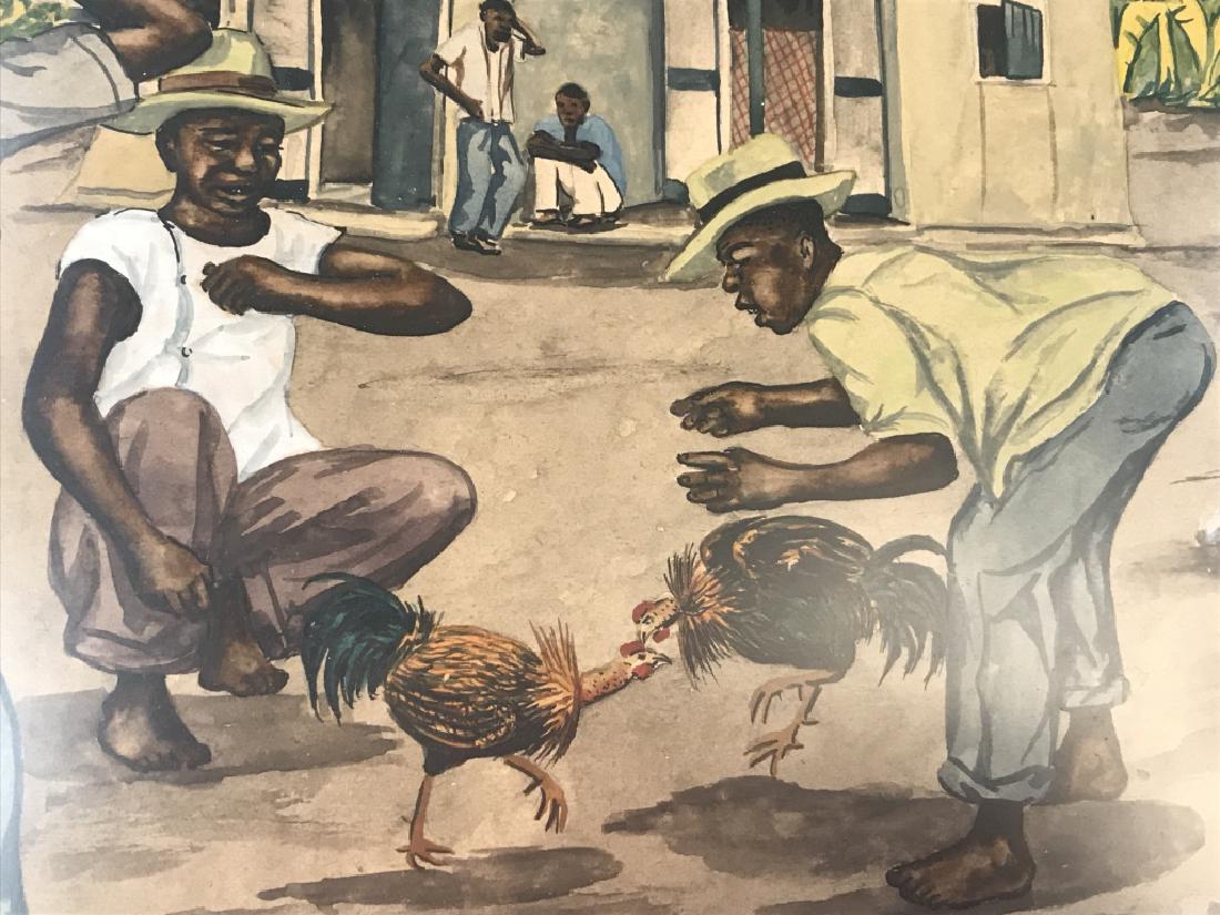 D. DUCLAIR Painting Of Men & Rooster Fight: Piece is signed D. DUCLAIR on lower right corner depicts 4 male figures and 2 roosters fighting. Piece is professionally framed with brown toned wooden frame. Haitian Painting, Signed Haitian painting