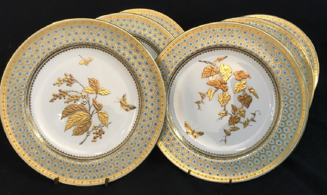 Set 6 Antique MINTONS Porcelain Plates W Gold: Set 6 MINTONS porcelain plates with gold and platinum tone details. Plates are antique, possibly c. 1890. Plates appear to be part of the aesthetic period in MintonsÂ’ productions. Each plate has c