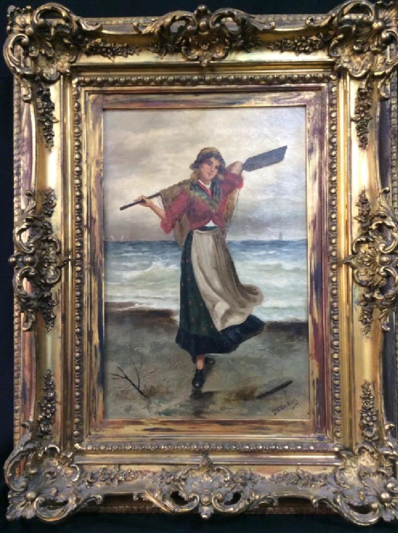 D V VOSBURG Oil On Canvas: Signed oil on Canvas, Maiden by the Sea, Oil On Canvas in Ornate Carved and gold Leafed frame, in frame measures 27 by 21.8 inches, wall art, home decor, oil paintings, rural, rural life, artwork, mar