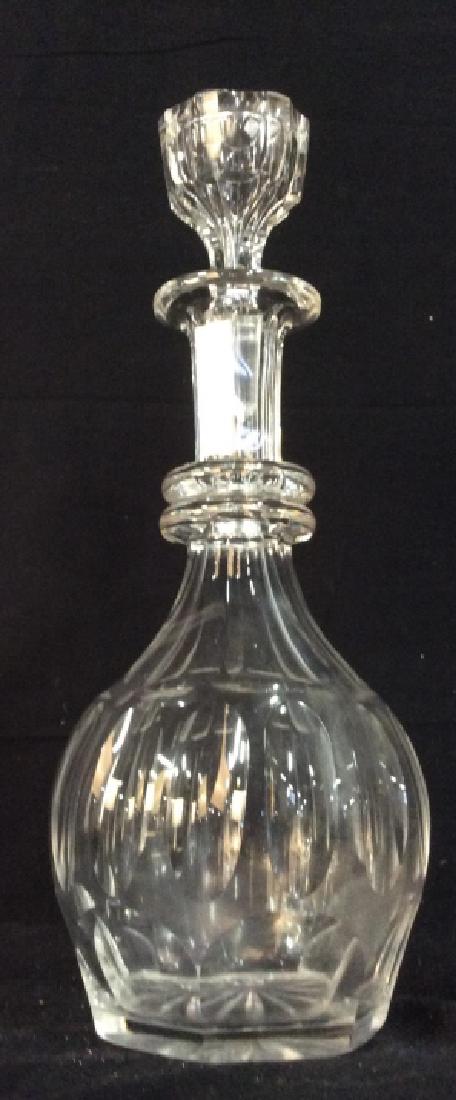 Tall Cut Crystal Decanter w Stopper: Crystal Tableware, Table Top Accessory, thumbprint Formed Orb Base, Double ringed Neck, w stopper app 17 inches ht diameter app 7 inches, barware, drinking accessory