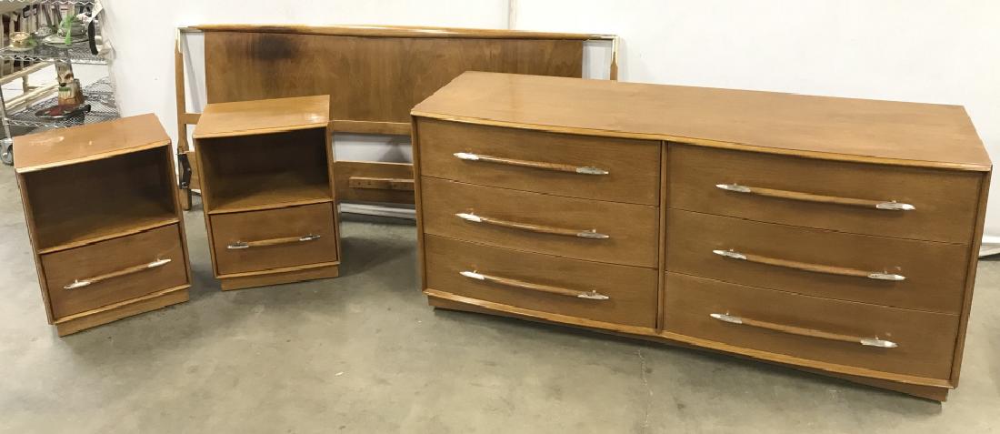 MCM Robsjohn-Gibbings for Widdicomb Bedroom Set: Set 4 MCM T. H. Robjohn-Gibbings for WIDDICOMB Bedroom Set consisting of Chest W Six Drawers On Wheels, two Side Tables And Headboard with silver plated caps on tusk shaped wood pulls, some surface we