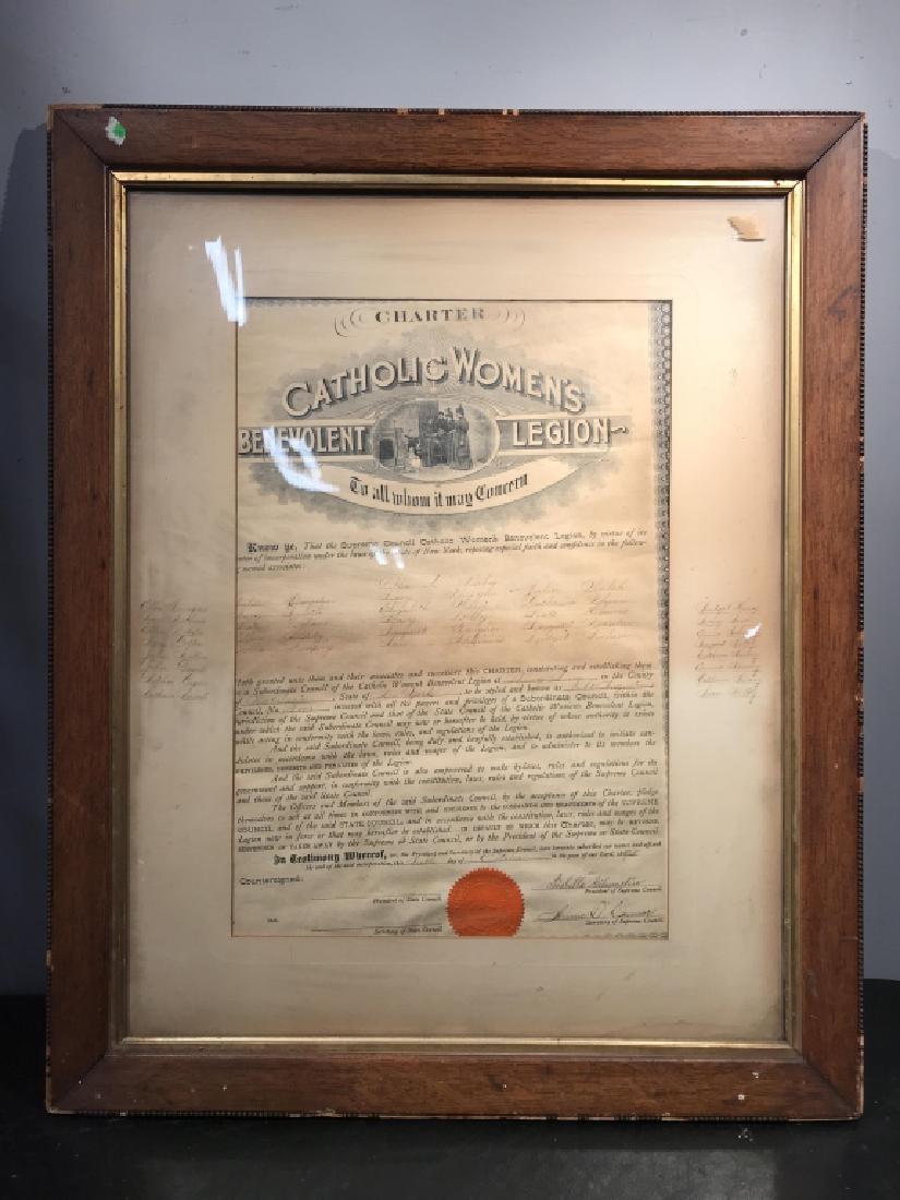 Catholic Women’s Benevolent Certificate, c. 1895: Antique certificate issued by the Catholic Women’s Benevolent Legion. Dated October 6, 1895. Certificate is typed with handwritten names and signatures. Paper is matted and in wood frame. Some signa