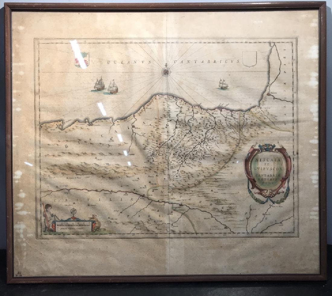 Framed Antique Map of the Basque Country: Framed antique map etching of the Basque Country, Basque, Spain. Type on Map reads ‘Biscaia et Guispusco’, Map by Johannes Janssonius. Due to antique age, there is discoloration and imperfections 