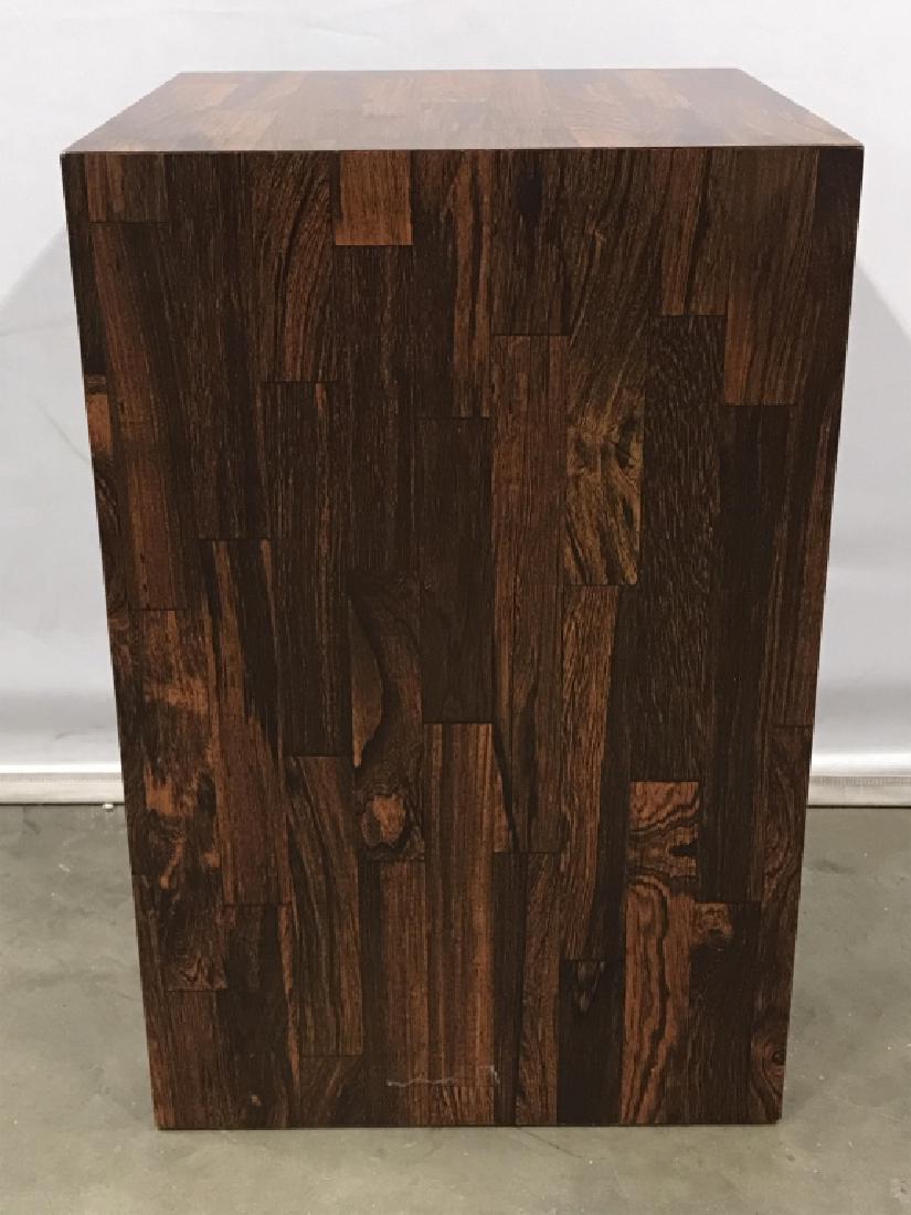 Brown Toned Wooden Laminate Display Pedestal: Piece is brown toned and wooden laminate. Piece measures approximately 24 inches tall 16 inches square. Home furniture, home accessory, end table, side table, plant stand 6
