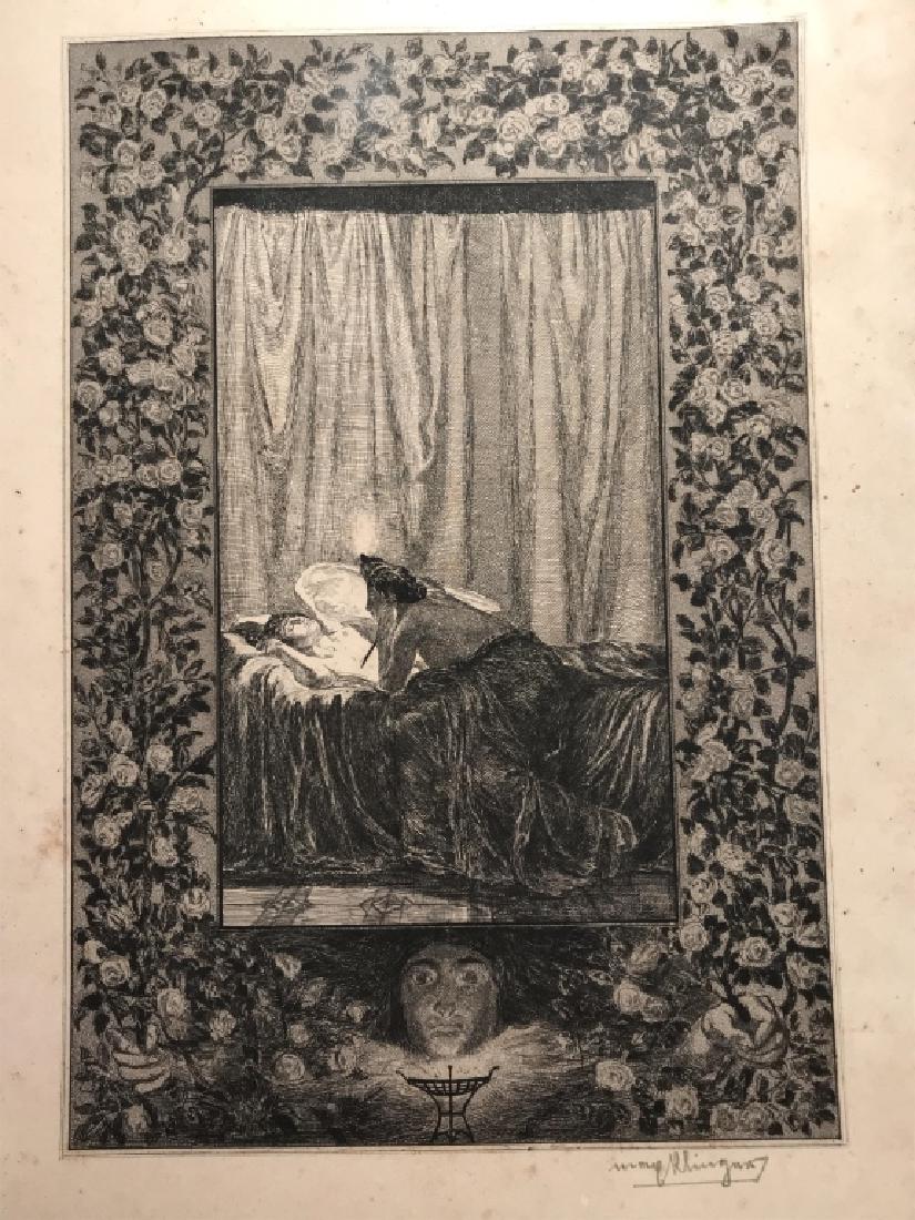 Signed Max Klinger Antique Etching: Signed MAX KLINGER Antique Etching. Etching depicts a woman about to kill a sleeping angel, with a rose border and face below. Signed in pencil by artist in lower right corner of image. Artwork measur