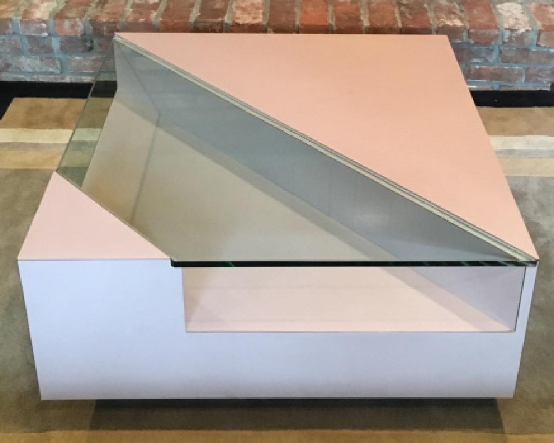MCM Mauve Toned Laminate And Glass Coffee Table: MCM Mauve Toned Laminate And Glass Coffee Table In Geometric Shaped Design, measures approximately 32 inches square x 16 inches tall, minor surface scratches to glass. Authentic Mid Century Modern Fur