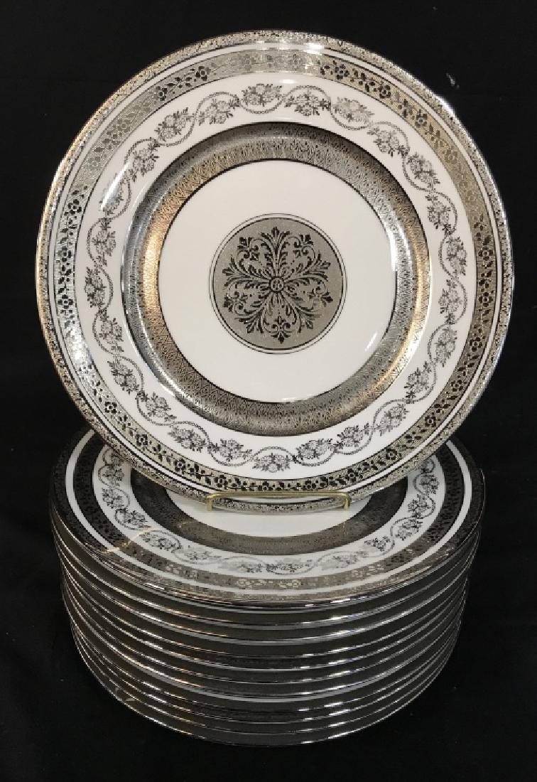 Set 12 Platinum Silver Porcelain Plates: Set of 12 plates, dinner service, each measures app 11 inches, two have minor wear to embossing, overall good condition, each marked STOUFFEE, Bohemia, made in Czechoslovakia, porcelain table ware, di