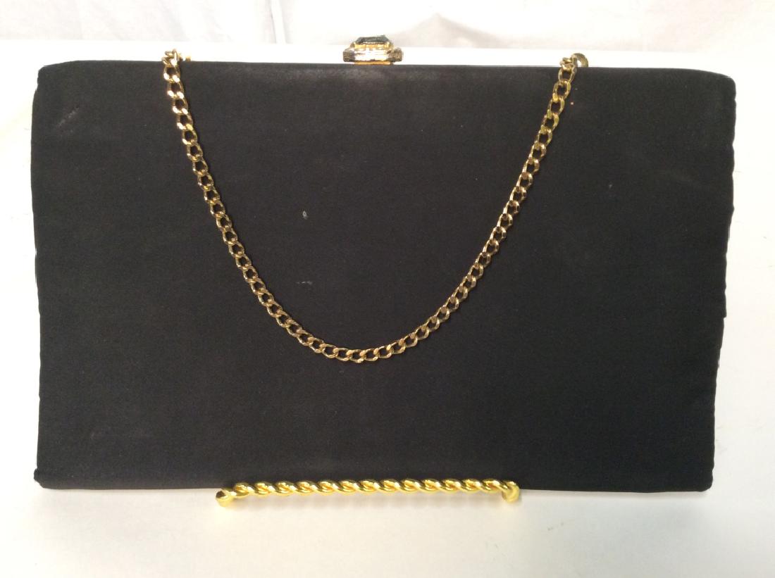 Vintage Ladies Silk Evening Purse: Vintage Ladies Silk Evening Purse, 9 in x 6 in, Vintage condition, colored rhinestone encrusted clasp, has gold toned chain, camel silk liner, Silk Purses, Evening Ware, Ladies Luxury Evening Ware, fa