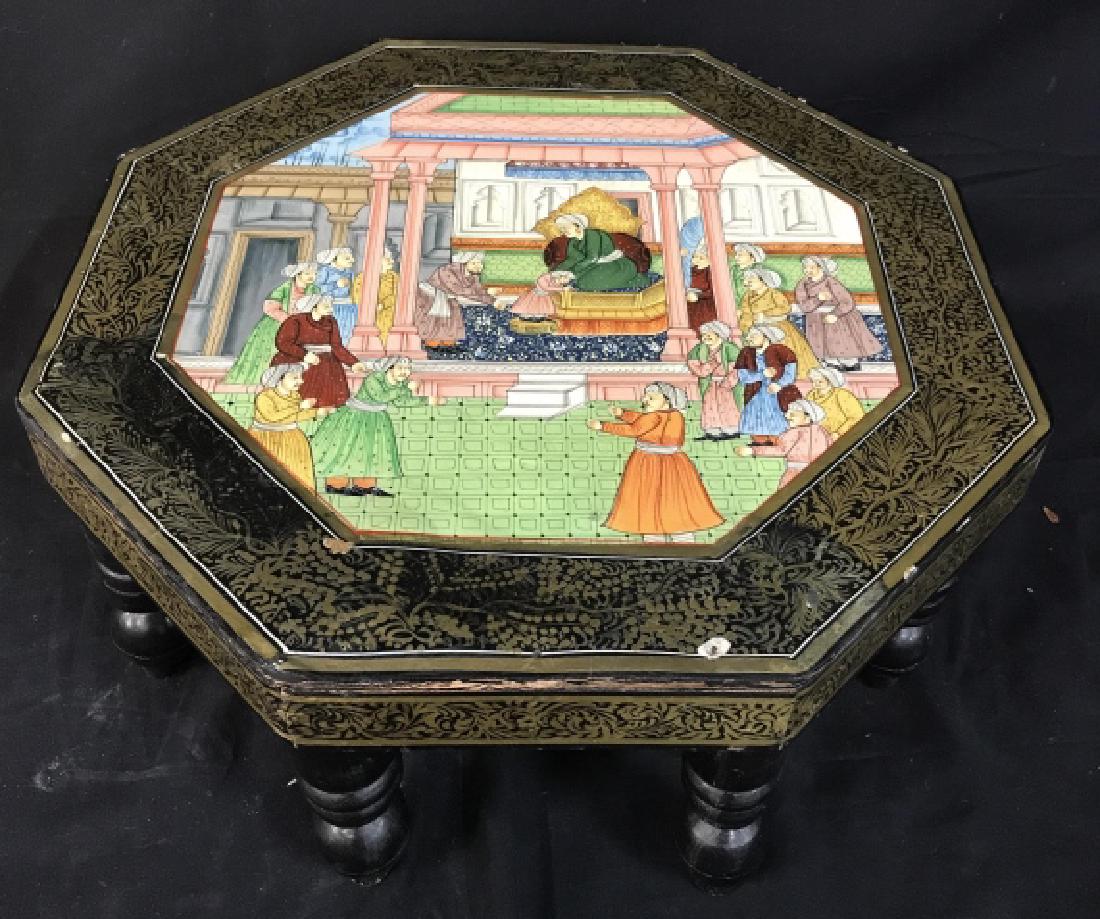 Painted 8 Legged Indonesian Low Table: Low seat, stool, low table, octagonal, figural in courtyard scene, decorative accessory, up cycle plant stand, measures ht 9 inches, diameter app 19 inches, Indonesian arts and crafts