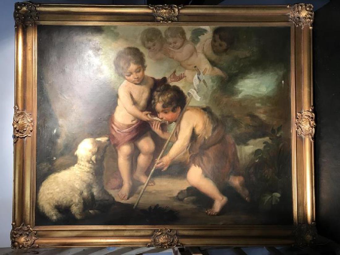 Study of Bartolomé Esteban Murillo The Holy Children: Study of Bartolomé Esteban Murillo's "The Holy Children with a Shell" depicting the infant Jesus and St. John the Baptist,Framed Baroque style oil painting on canvas of children, Cherubs, and a lamb.