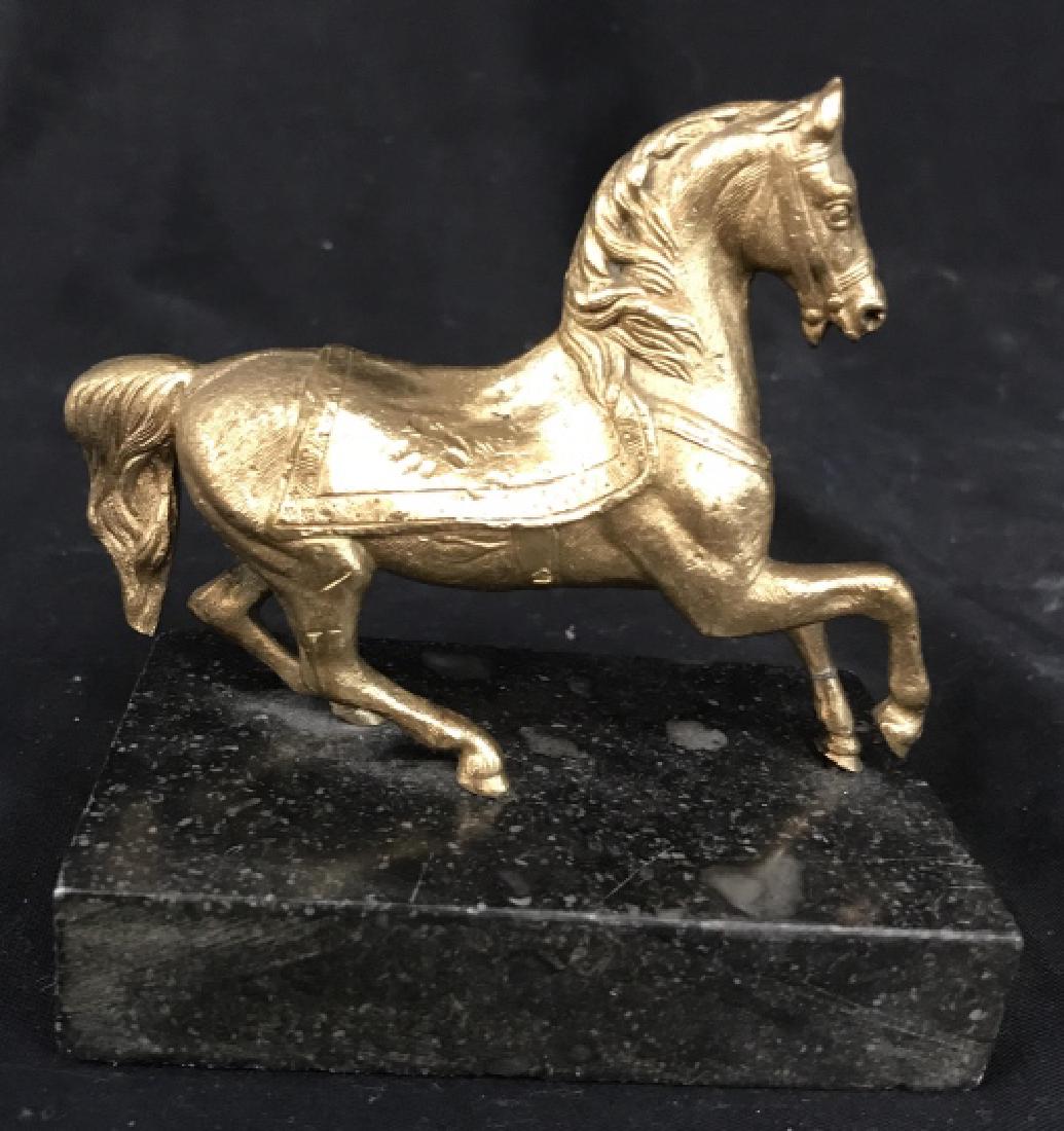 Gilded Bronze Horse on Marble: Sculptural figure of prancing horse, bronze and ormolu, gilded, home decor, tableware, tabletop accessory, horse animal statuary measures app ht 5 inches, base 5 by 3 inches,