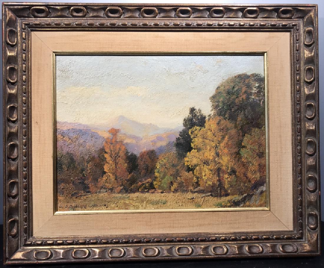 Signed Oil Painting on Board of Autumn Landscape: Signed oil painting on board of autumn fall landscape. Signed illegibly in lower left corner. Artwork is linen lined and in carved wood frame. Some discoloration of linen lining, might need replacemen