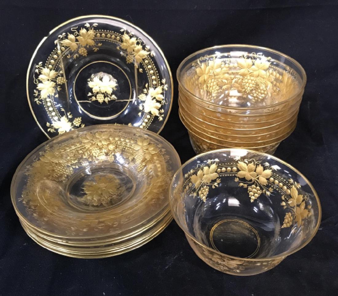 Set Hand Painted Gold on Glass Table ware: Set includes 8 bowls ht app 2.75 inches, and 8 plates diameter app 6 inches each, some wear to gold, table settings, vintage glass ware, gold embossed tableware