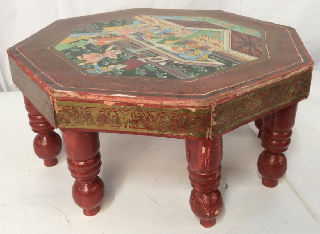 Indonesian Painted 8 Legged Wood Stool: Indonesian Painted 8 Legged Wood Stool, 9 in tall x 17 1/2 in, scuffing, paint loss in places, painted scenes of figures in a garden on red ground, Low Table, Stool, Side Table, Planter, Bench, Seat, 