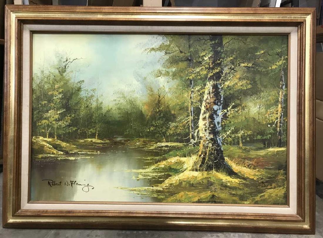 Signed Oil Painting On Canvas Of Landscape: Signed and framed oil painting on canvas of verdant wooded landscape. Signed ‘Robert W. Flaming’ in lower left corner. Artwork is linen lined and in wood frame with brushed gold details. Measures 