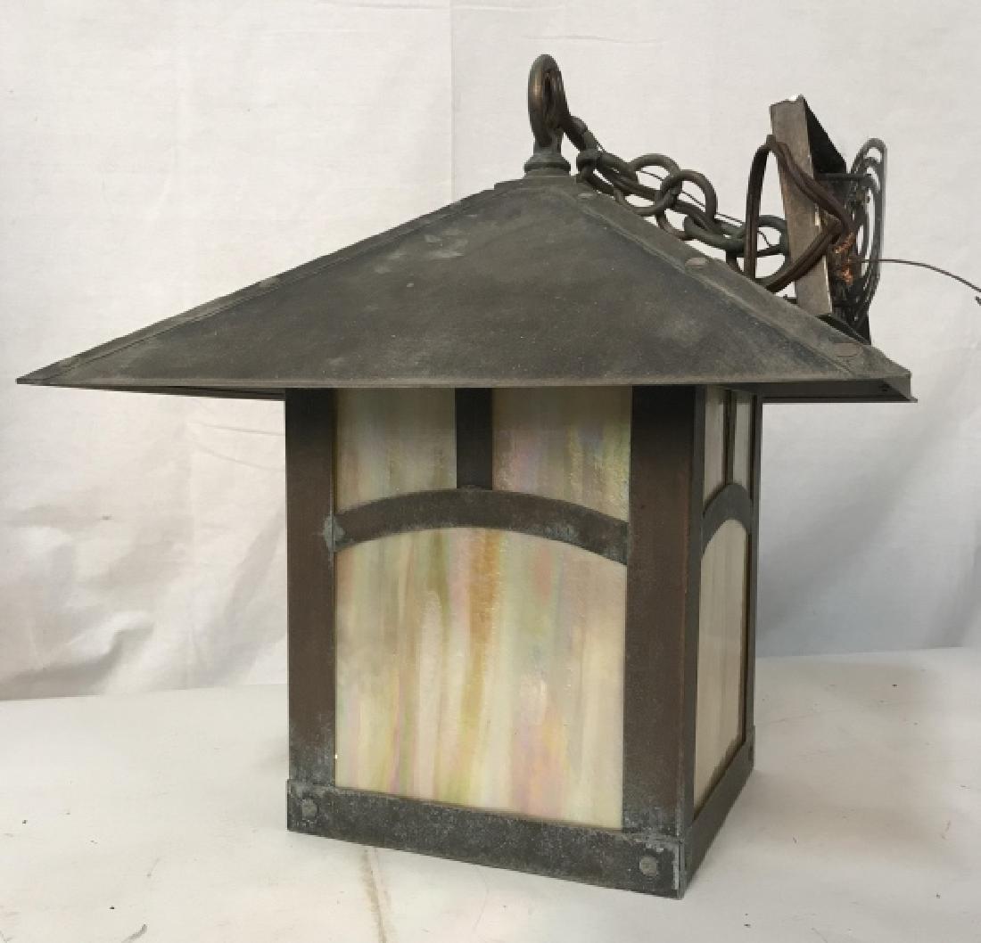 Vintage Incandescent Porch Pendant Light: Vintage Incandescent Porch Pendant Light, 18in x 16 in, part of a set which has labels reading Arroyo Craftsman, Arts and Crafts Style, opalescent glass with copper toned metal frame, good condition, 