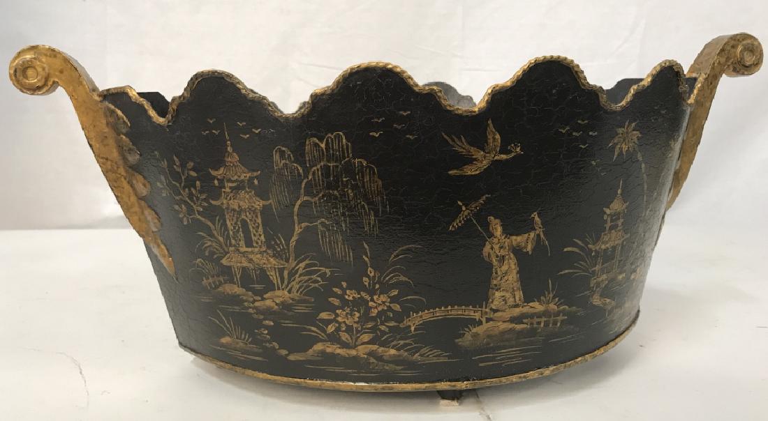 Asian Metal Painted Ornamental Basket: Asian Metal Painted Ornamental Basket, 9 in x 18 in, black with gold images of Asian figures in gardens with exotic birds, good condition, Asian Arts and Crafts, Orientalism, Desktop Decorations, Tabl