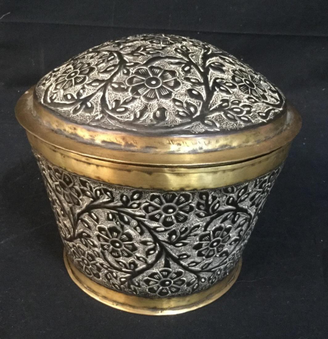 Rutland House Repousse Brass Metal Vessel: Brass and metal vessel, arts and crafts, label underside for Rutland House, keep sake box, decorative accessory, Tableware, Measures app ht 8 inches diameter app 9 inches