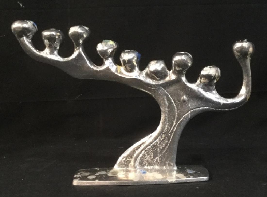 DRUMM Signed Modernist Metal Menorah: Hand crafted signed Menorah, candelabra, Judaica, Jewish Ceremonial Tableware, Table decor, tabletop accessory, hebraica, artist made and signed DRUMM, Measures app 10 inches ht by width 15 inches