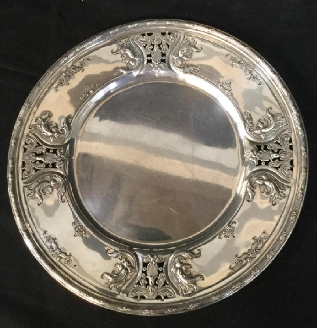 Sterling Silver Chased Repousse Platter: Sterling silver platter, Tableware, signed underside Sterling, SH 507, and trademarked, Platter Measures app 11 inches diameter, tableware, tabletop accessory, shelf piece, decor piece, centerpiece