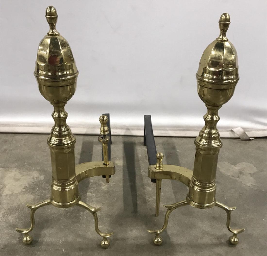 Pair of Brass & Iron Fireplace Andirons: Pair of brass & iron metal fireplace andirons / firedogs / bracket supports. Each piece measures approx 19 inches in height by 8 inches in width by 19 inches in depth. Fireplace Tools, vintage brass a