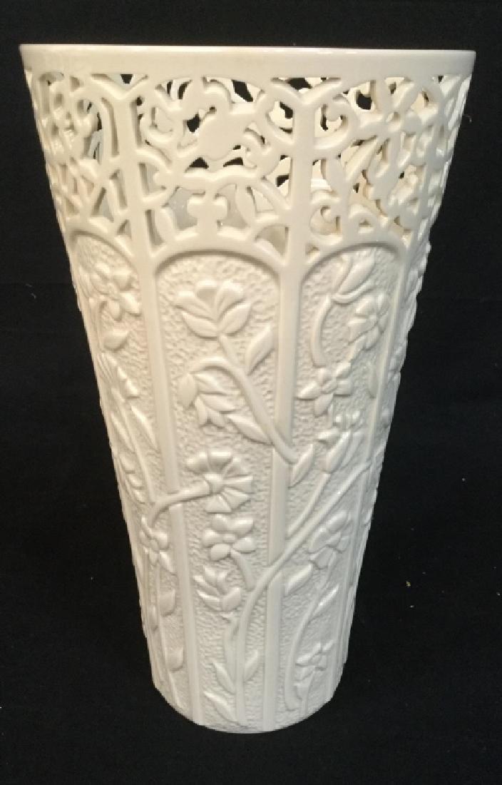 Porcelain Lenox Jasmine Vase, Made in USA: Tall vase raised floral design and open work rim, vase, vessel, tableware, tabletop accessory, measures app ht 11.5 inches, diameter app 6.5 inches